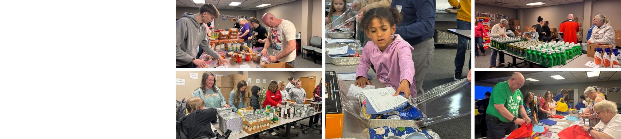 Volunteers of all ages assembling meal kits and supplies indoors, including children and families working together at tables to support a United Way community service project.