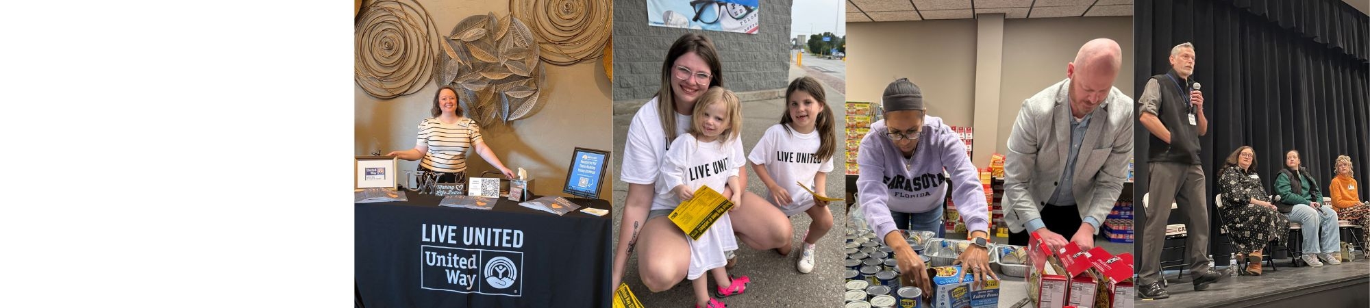 A collage of images shows United Way volunteers and community members in action. Scenes include a woman standing behind a “Live United” table display, a woman with two children wearing “Live United” shirts holding materials outdoors, a speaker addressing a group on a stage, and volunteers assembling meal kits with canned goods and food items. The images highlight community engagement, outreach, and hands-on volunteer efforts.