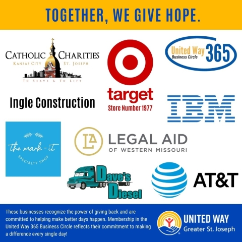 A graphic with the headline “Together, We Give Hope” features United Way Greater St. Joseph and the United Way 365 Business Circle logo. It highlights participating organizations and businesses including Catholic Charities Kansas City–St. Joseph, Target (Store #1977), IBM, Ingle Construction, The Mark-It Specialty Shop, Legal Aid of Western Missouri, Dave’s Diesel, and AT&T. At the bottom, text emphasizes these partners’ commitment to giving back and making a difference every day through their support of th