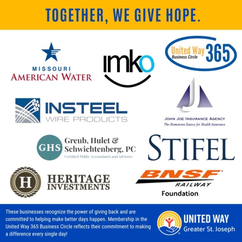 A graphic with the headline “Together, We Give Hope” features United Way Greater St. Joseph and the United Way 365 Business Circle logo. It highlights participating businesses and organizations including Missouri American Water, IMKO, Insteel Wire Products, John Joe Insurance Agency, Greub, Hulet & Schwichtenberg, PC, Stifel, Heritage Investments, and BNSF Railway Foundation. At the bottom, text emphasizes these partners’ commitment to giving back and making a difference every day through their support of t